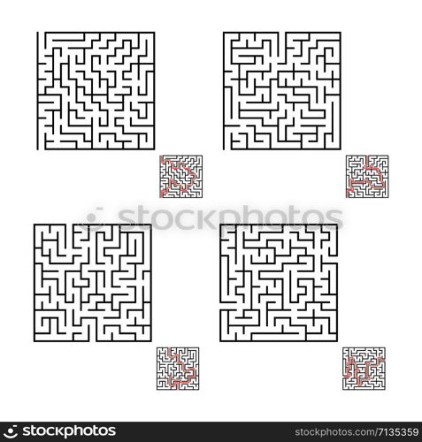 A set of square mazes. Game for kids. Puzzle for children. Labyrinth conundrum. Flat vector illustration isolated on white background. With answer.