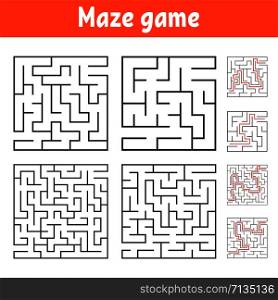 A set of square mazes of various levels of difficulty. Puzzle for children. One entrances, one exit. Labyrinth conundrum. Flat vector illustration isolated on white background. With answer. A set of square mazes of various levels of difficulty. Puzzle for children. One entrances, one exit. Labyrinth conundrum. Flat vector illustration isolated on white background. With answer.