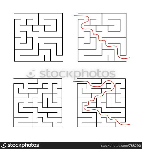 A set of square simple labyrinths. An interesting game for children. Simple flat vector illustration isolated on white background. With the answer.