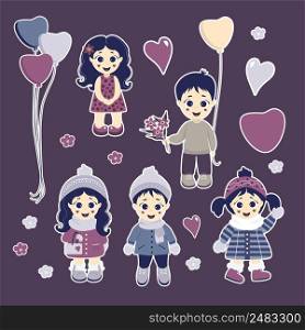 A set of stickers. Lovely children - boys and girls in winter and summer clothes. Items - balloons, flowers, hearts and daisies. Vector illustration. Kids collection for design, decoration and decor