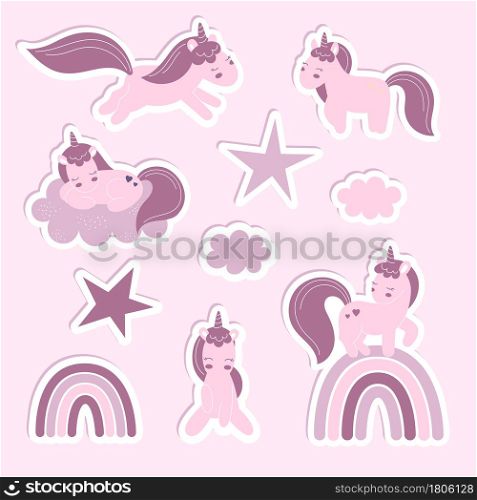A set of stickers with fabulous unicorns. Set of cute ponies. Childrens illustration