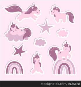 A set of stickers with fabulous unicorns. Set of cute ponies. Childrens illustration