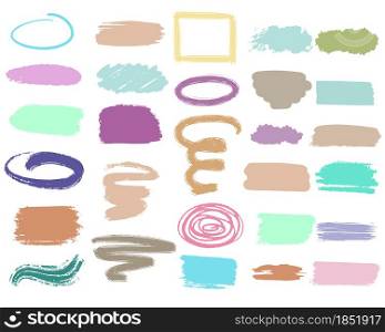 A set of strokes and spots of paint of different colors and shapes, vector illustration. Collection of backgrounds in the form of blots, stripes and splashes. Isolated elements for design on a white background.. A set of strokes and spots of paint of different colors and shapes, vector.