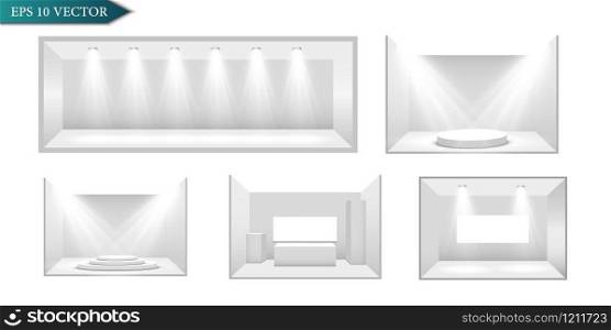 A set of studio rooms with 3D furniture. A podium, pedestal or platform is illuminated by spotlights on a white background. Scene with picturesque lights. Vector illustration. A set of studio rooms with 3D furniture. A podium, pedestal or platform is illuminated by spotlights on a white background. Scene with picturesque lights. Vector illustration.