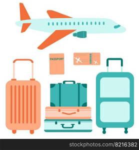 A set of suitcases for travel and leisure. Side view of a passenger plane. Passport and plane ticket. Colorful color illustration isolated on white background. A set of suitcases for travel and leisure. Side view of a passenger plane. Passport and plane ticket. Colorful color illustration isolated on white background.