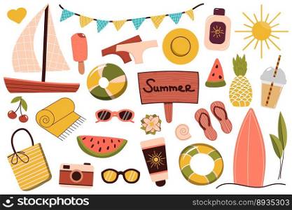 A set of summer things for the beach. Travel to a sunny country. Summer rest. Vector illustration. A set of summer things for the beach. Travel to a sunny country. Summer rest. Vector illustration.