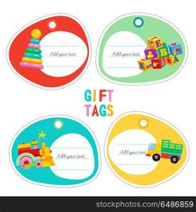 A set of tags, labels. Childrens toys. Pyramid, cubes, truck, lo. A set of tags, labels. Childrens toys. Pyramid, cubes, truck, locomotive. Vector illustration.