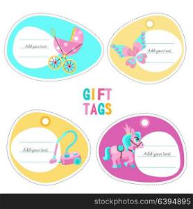 A set of tags, labels with place for text. Toys for girls. Lovely horse, stroller, beautiful butterfly, a toy cleaner for a small hostess. Isolated on a white background.