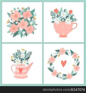 A set of templates with floral bouquets of daisies and other flowers for logo, cards and invitations for Valentine s Day, wedding, Mother s Day, birthday, etc. Vector illustration in simple cartoon style isolated on white background.. A set of templates with floral bouquets of daisies and other flowers for logo, cards and invitations .