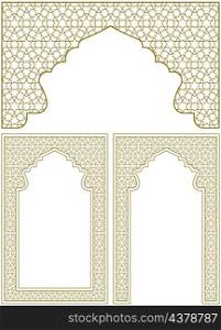 A set of three design elements. Two frames and an arch . Ornament in Arabic geometric style. A set of three design elements. Two frames and an arch .