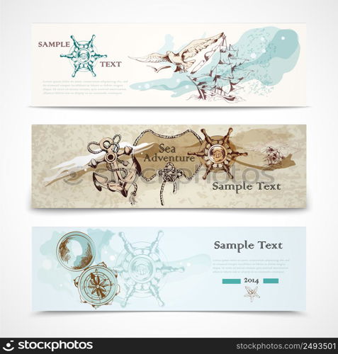 A set of three horizontal ancient nautical design elements informative advertising banners vector illustration