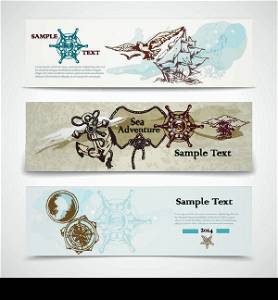 A set of three horizontal ancient nautical design elements informative advertising banners vector illustration
