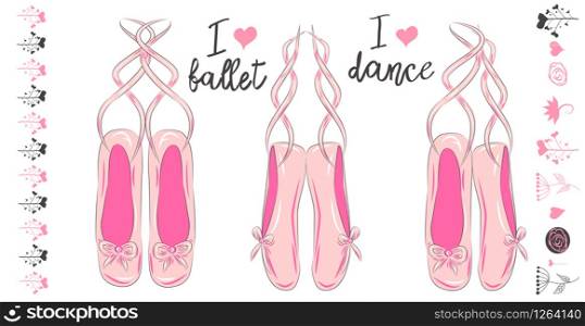 A set of three pink pairs of pointe shoes for ballet, inscriptions I love ballet and I love dancing. Set of elements. A set of three pink pairs of pointe shoes for ballet, inscriptions