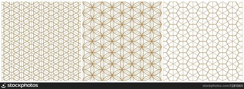 A set of three seamless patterns in the Japanese style of Kumiko .Brown average and thin lines.For wrapping,fabric,textile,disign template,laser cutting.. Traditional Japanese seamless woodwork geometric pattern .Brown average and thin lines.