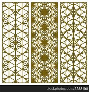 A set of three templates in the Japanese Kumiko style Geometric panels with patterns based on a hexagonal lattice .The ratio is 3x1. For metal, wood, paper carving.. A set of three templates in the Japanese Kumiko style Geometric panels with patterns based on a hexagonal lattice .