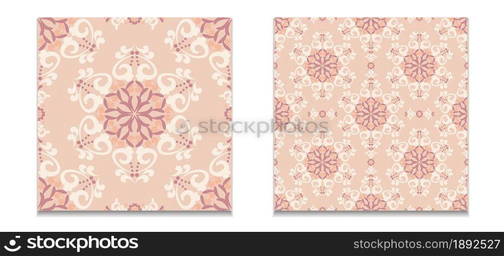 A set of two patterns of seamless damask patterns. Pink, beige color. For fabric, tile, wallpaper or packaging. Vector graphics.