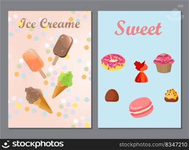 A set of two posters, leaflets with inscriptions - ice cream and sweets, on beautiful backgrounds, ice cream-waffle cone, chocolate-covered popsicle and sweet confectionery