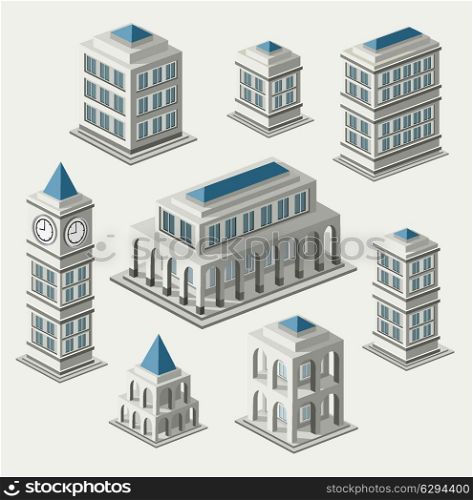 A set of urban and antique buildings in the isometric