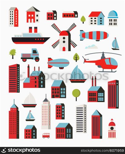 A set of urban objects in a flat style, including trees and vehicles, balloon and boats and yachts.