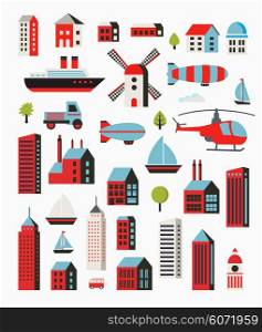 A set of urban objects in a flat style, including trees and vehicles, balloon and boats and yachts.