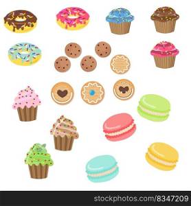 A set of various confectionery products - cookies, cakes, cupcakes, can be used for leaflets, postcards, menus, greetings and covers, vector illustration