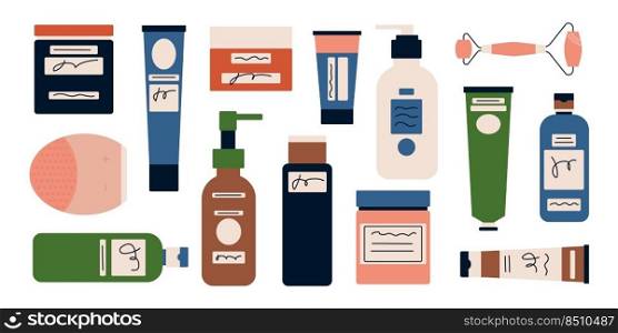 A set of various cosmetic products for body, hair and skin care. A set of organic cosmetics and make-up items in bottles, tubes and jars. Colored flat vector illustration isolated. Natural composition