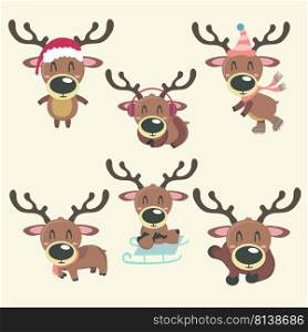 A set of vector colorful christmas rain deer illustrations. Cartoony pictures. . A set of vector colorful christmas rain deer illustrations.