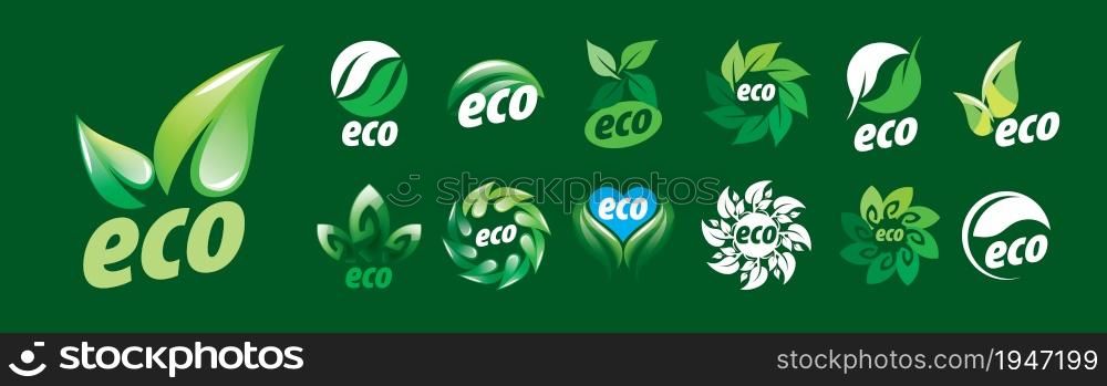 A set of vector eco icons on a green background.. A set of vector eco icons on a green background