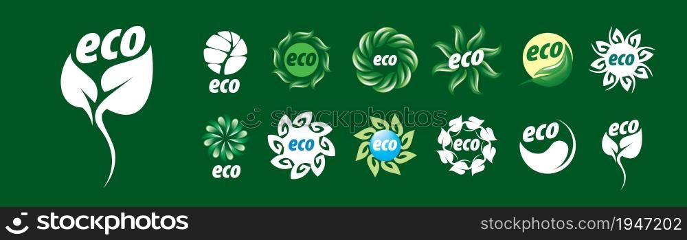 A set of vector eco icons on a green background.. A set of vector eco icons on a green background