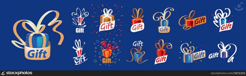 A set of vector gift logos on a blue background.. A set of vector gift logos on a blue background