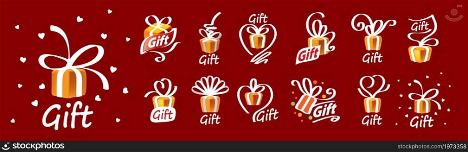 A set of vector gift logos on a red background.. A set of vector gift logos on a red background