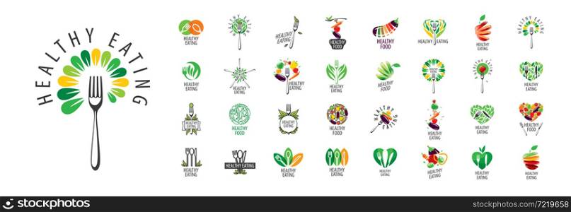 A set of vector healthy food logos on a white background.. A set of vector healthy food logos on a white background