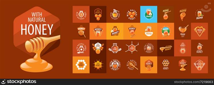 A set of vector honey logos on different colored backgrounds.. A set of vector honey logos on different colored backgrounds