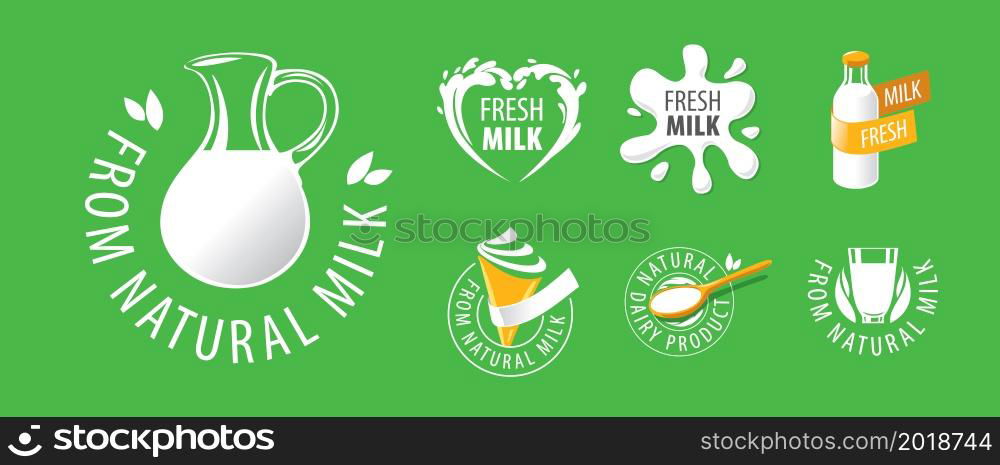 A set of vector logos of Dairy products on a green background.. A set of vector logos of Dairy products on a green background