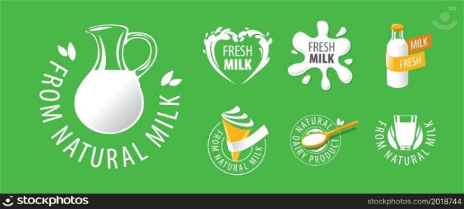 A set of vector logos of Dairy products on a green background.. A set of vector logos of Dairy products on a green background