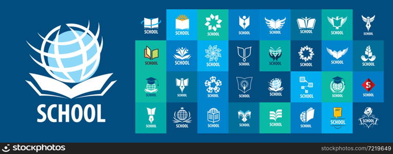 A set of vector logos of schools on a blue background.. A set of vector logos of schools on a blue background