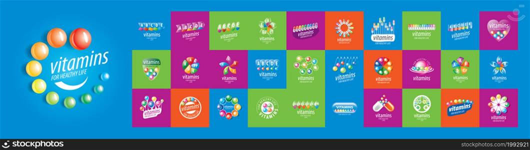 A set of vector logos Vitamins on different colored backgrounds.. A set of vector logos Vitamins on different colored backgrounds