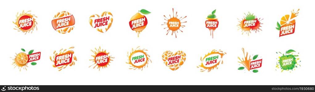 A set of vector logos with juice splashes.. A set of vector logos with juice splashes