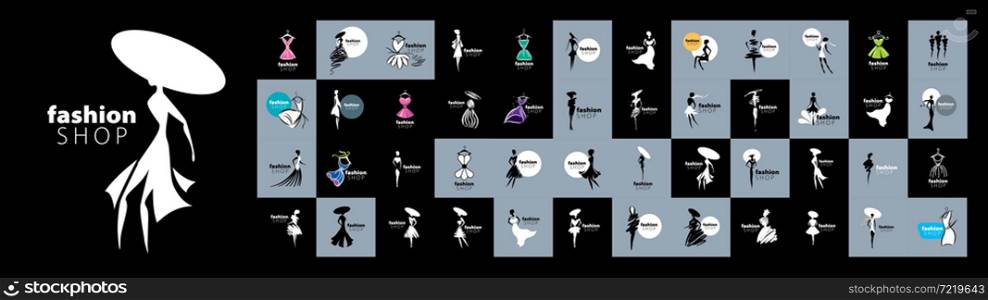 A set of vector logos with painted female figures in fashionable dresses.. A set of vector logos with painted female figures in fashionable dresses