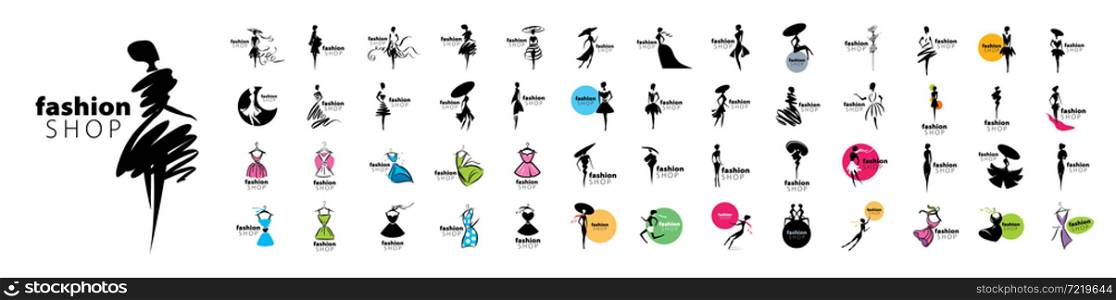 A set of vector logos with painted female figures in fashionable dresses.. A set of vector logos with painted female figures in fashionable dresses