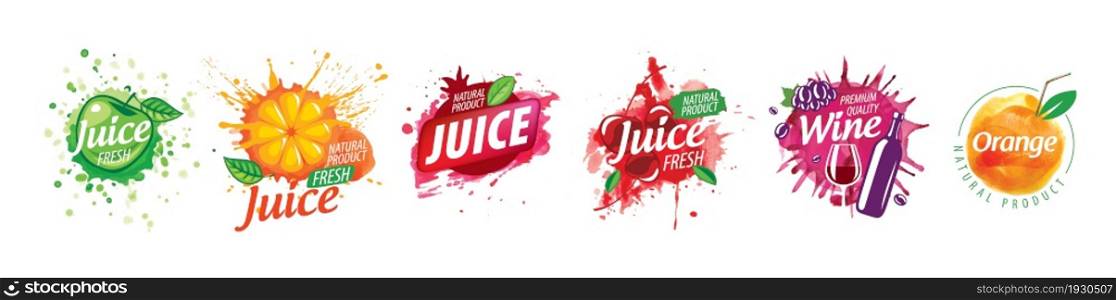 A set of vector logos with painted splashes of juice.. A set of vector logos with painted splashes of juice