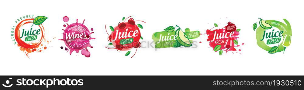 A set of vector logos with painted splashes of juice.. A set of vector logos with painted splashes of juice