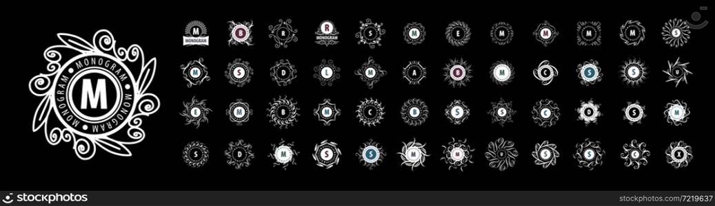 A set of vector Monogram logos on a black background.. A set of vector Monogram logos on a black background