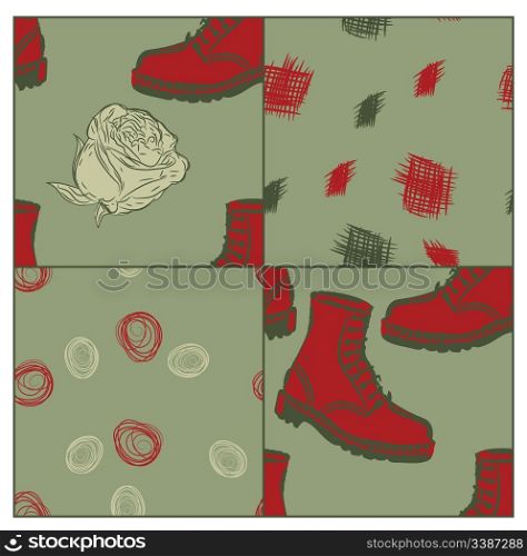 a set of vector seamless grunge background with boots and flowers, clipping masks