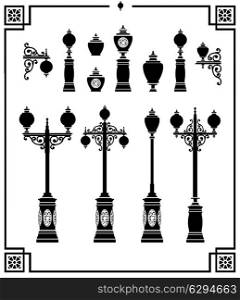 A set of vector silhouettes of vintage street lamps