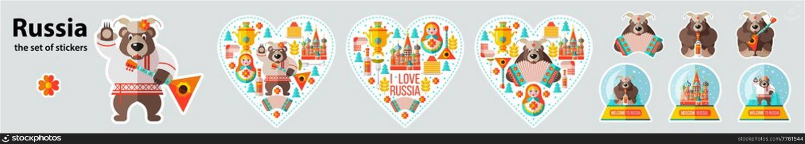 A set of vector stickers Russia. Collection of design elements. Russian souvenirs. Heart shaped stickers and snow balls.. A set of vector stickers Russia. Collection of design elements. Russian souvenirs.