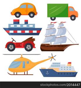A set of vector toys for boys. Cars, ships, and a helicopter. Illustration in the style of a cartoon flat.