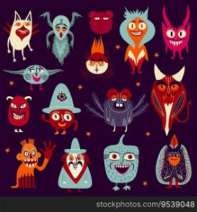 A set of vibrant strange charming Halloween characters. bizarre comic magical mystical funny characters for Halloween.. A set of vibrant strange charming Halloween characters. magical mystical funny characters for Halloween