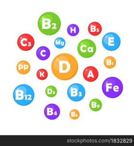 A set of vitamins or minerals. Essential nutrients for health. Vector illustration