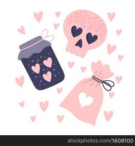 A set of witchcraft elements. Attributes for a love spell. Potion bottles, magic powder, skull in love. Vector illustration isolated on white background.